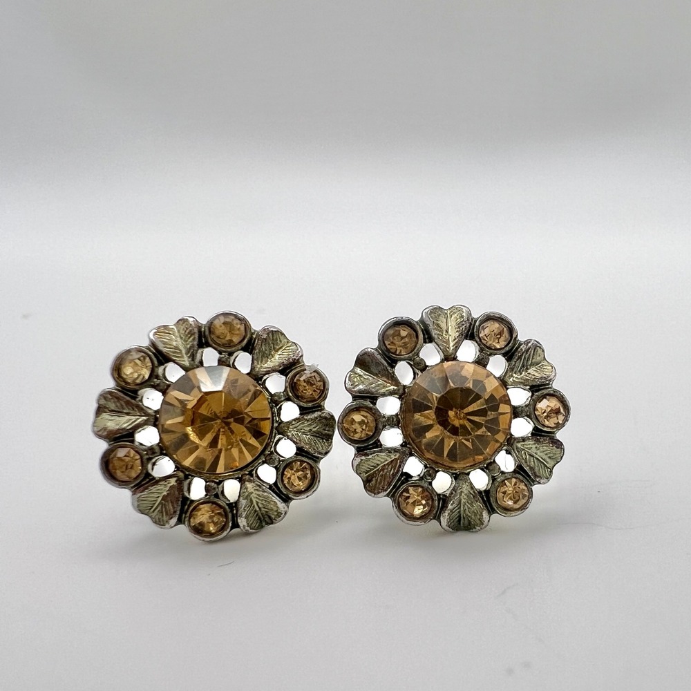 Vintage Style Amber Crystal‎ Floral Stud Earrings Silver Tone Sunburst Petal